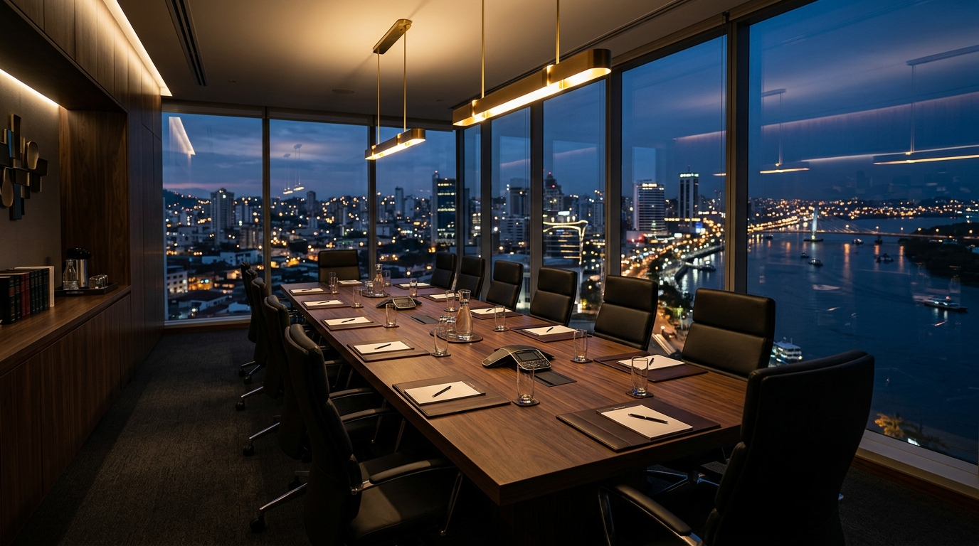 Ambiente de estudio jurídico con vista al perfil urbano de Guayaquil al atardecer